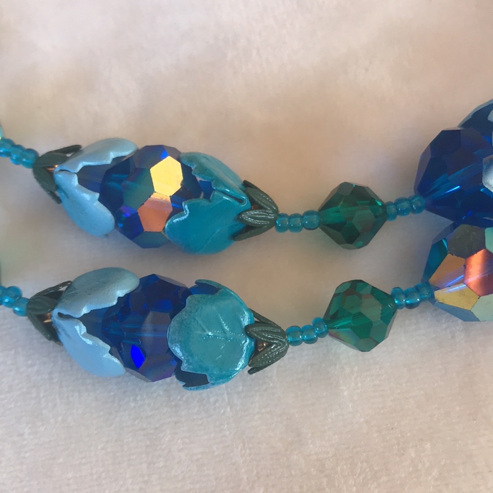 VTG BLUE ENAMEL AURORA BOREALIS CRYSTAL 2 STRAND - Picture 2 of 14